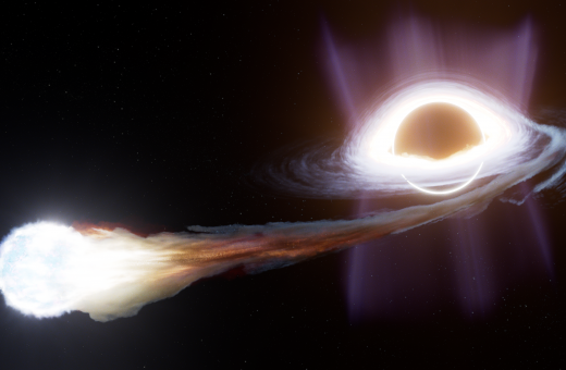 星族III恆星在潮汐瓦解事件中被黑洞吞噬，化成恆星碎片並發生耀發的構想圖片。圖片提供：太空望遠鏡科學研究所（Space Telescope Science Institute）/Ralf Crawford