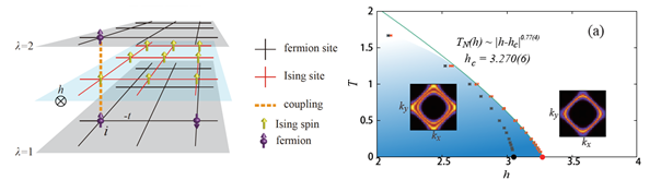  The lattice model of ferromagnetic Non-Fermi-Liquid (left) and its phase diagram (right) obtained from large scale quantum Monte Carlo simulations by Dr Xu and Dr Meng.
 