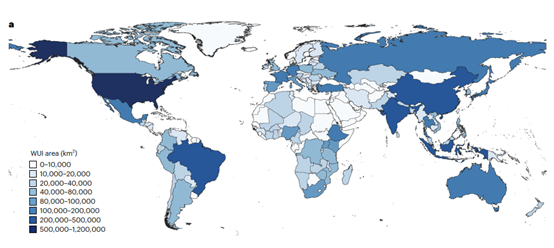 Statistics of global WUI areas at the country level.
 