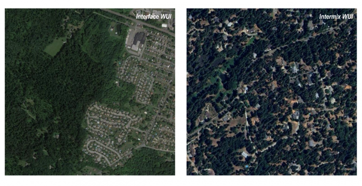 介面WUI範例（左圖：費城的Birdsboro）和混合WUI範例（右圖：加州的Placerville）。圖像來源：Google Earth。