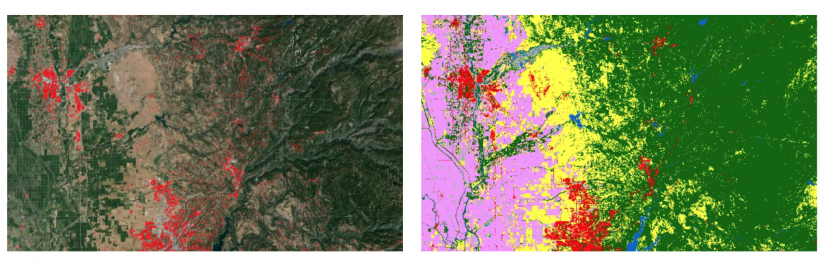 美國加州北部地區的建築輪廓（左圖，資料來源：META）和土地覆蓋分類（右圖，資料來源：ESA WorldCover）