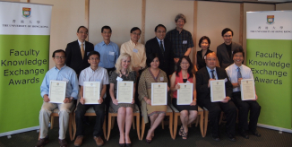 (From left, front row) Awardees: Mr Weijen Wang (Faculty of Architecture), Dr Joe Y F Lau (Faculty of Arts), Ms Amanda Whitfort (Faulty of Law), Dr Dorothy F P Ng (Faculty of Education), Professor Connie S H Ho (Faculty of Social Sciences), Dr Brian Chung (on behalf of Professor Y L Lau, Li Ka Shing Faculty of Medicine), Dr Chun-Hung Chu (Faculty of Dentistry) (From left, back row) Dr Roger C K Chan (Associate Dean [Research] of the Faculty of Architecture), Professor Y S Hung (Associate Dean [Knowledge Exchange] of the Faculty of Engineering), Professor Paul Cheung (Director of the Technology Transfer Office), Professor Lap-Chee Tsui (Vice-Chancellor and President), Professor John Bacon-Shone (Associate Director of the Knowledge Exchange Office), Dr Yoshiko Nakano (Associate Dean of the Faculty of Arts), Dr Felix W H Chan (Associate Dean [Research] of the Faculty of Law)The University of Hong Kong launched the Faculty Knowledge Exchange (KE) Award Scheme this year in order to recognize each Faculty's outstanding KE accomplishment that has made demonstrable economic, social or cultural impacts to benefit the community, business/industry, or partner organizations.  