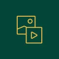 Yellow line-art icon showing a media gallery with an image symbol overlapping a video play button symbol on a dark green background.