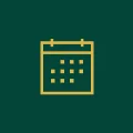 Yellow line-art calendar icon showing small date grids on a dark green background.