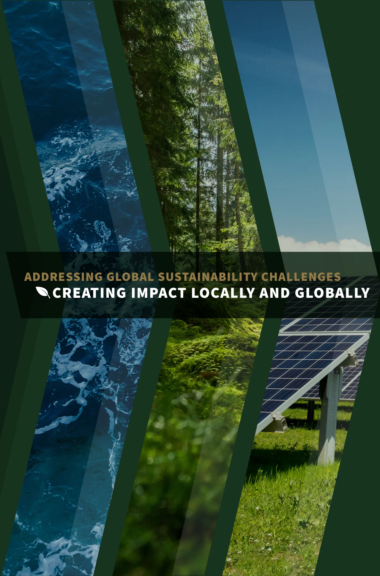 Graphic overlaid with ocean water, forest, and solar panels, reading: Addressing Global Sustainability Challenges, Creating Impact Locally and Globally.