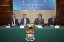  (From Left to Right) Professor Roberto Bruzzone, CEO of HKU-Pasteur Research Pole, Professor Christian Brechot, Director General of Institut Pasteur, Professor Lap-Chee Tsui, Vice-Chancellor and President of The University of Hong Kong and Mr Leo Kung Lin-cheng, Chairman of HKU-Pasteur Research Centre sign a new research agreement today to establish the HKU-Pasteur Research Pole under the School of Public Health of Li Ka Shing Faculty of Medicine, The University of Hong Kong.