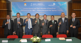  (From Left to Right)   Professor Malik Peiris, Tam Wah-ching Professor in Medical Science, Chair Professor and Acting Director of School of Public Health, Li Ka Shing Faculty of Medicine, The University of Hong Kong Professor Roberto Bruzzone, CEO of HKU-Pasteur Research Pole Professor Christian Brechot, Director General of Institut Pasteur Professor Lap-Chee Tsui, Vice-Chancellor and President of The University of Hong Kong Mr Arnaud Barthélémy, Consul General of France in Hong Kong and Macau Dr Leong Che-hung, Chairman of Council, The University of Hong Kong Mr Leo Kung Lin-cheng, Chairman of HKU-Pasteur Research Centre Professor Gabriel M Leung, Dean of Li Ka Shing Faculty of Medicine, The University of Hong Kon