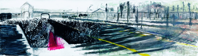 The Ramp at Birkenau (Oil on canvas, 230 x 750 cm, 1994, Collection of Sara Atzmon)