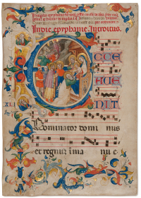 《階台經》書頁，描繪「博士來朝」，取材自「基督生平」，其中「Ecce avenit」的佔行大寫首字母「E」經中世紀傳統出版風格修飾與變形