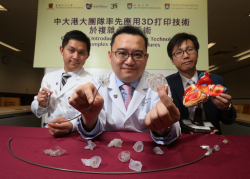 A joint research team from CUHK and HKU is the first in Hong Kong to introduce 3D printing technology to complex cardiac procedures for enhancing procedural efficacy and safety. (From left) Dr Gary Cheung, Clinical Assistant Professor (honorary), and Dr Alex Lee, Assistant Professor, from Division of Cardiology, Faculty of Medicine at CUHK; and Dr Kwok Ka-Wai, Assistant Professor, Faculty of Engineering at HKU.
