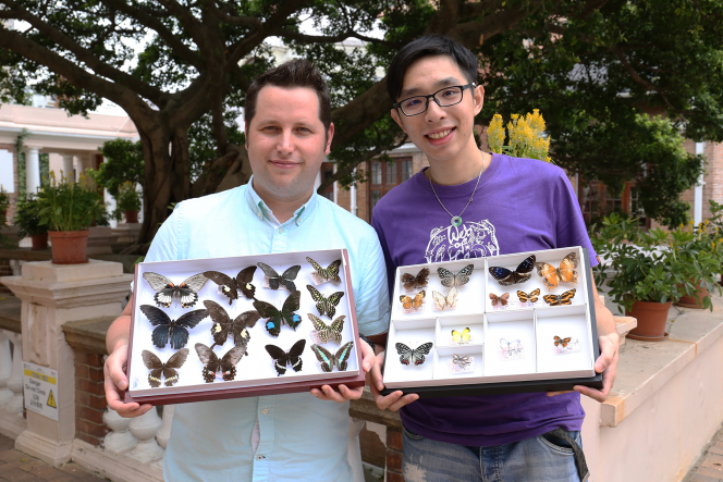 HKU PhD student Mr Toby Tsang (right) spent several months walking through the parks of Kowloon and counted 51 species during his surveys, including some very rare species in urban parks. On his left is his PhD supervisor, Dr Timothy Bonebrake, Assistant Professor at the School of Biological Sciences, HKU.