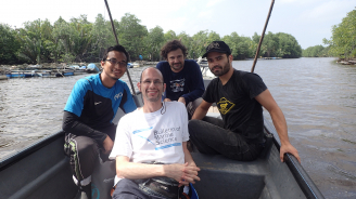Dr. Stefano Cannicci and his PhD student Pedro Juliao (left) ready for a sampling trip in the mangroves of Malaysia with Mohammad Nazrin Ishak (right) at Universiti Malaysia Terengganu, and Professor Farid Dahdouh-Guebas from Free University of Brussels.