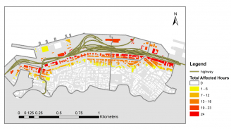Figure 3	Spatial distribution of the total affected hours of the buildings in Western District.