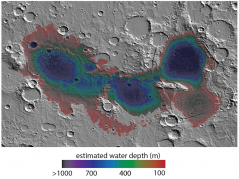 灰階影像為火星的地形圖，而彩色部份則根據不同水深估計艾瑞達尼亞海洋的大小。整體而言，艾瑞達尼亞盆地約寬超過1,500公里及水深超過1公里。
