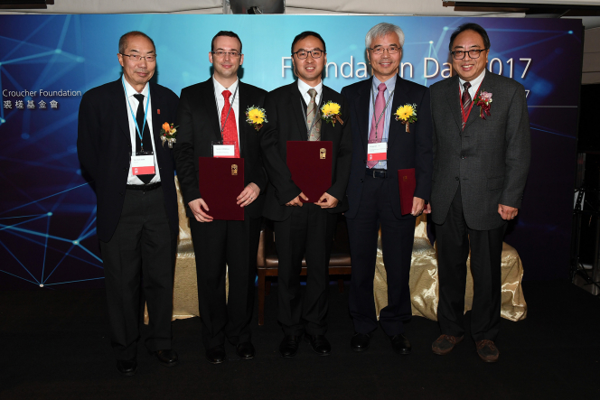 (From left) Professor Mak Tak-Wah, Chairman of Board of Trustee, Croucher Foundation, Dr Giulio Chiribella, Dr Li Xuechen, Professor Zhang Mingjie and Professor Lap-Chee Tsui, President of the Academy of Sciences of Hong Kong.