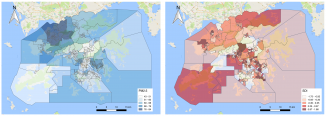 香港各選區PM2.5污染濃度估量與社會剝奪指數  (較深顏色代表較高平均PM2.5污染濃度及較高社會剝奪指數)