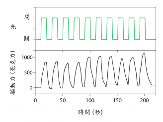 圖 1	 重量為0.3毫克的「氫氧化鎳」驅動器，在間歇光照射下可以使出逾約1000毫克的驅動力。