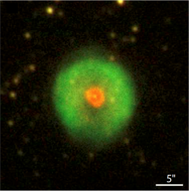 Planetary nebula HuBi 1 shows a double-shell structure – a hydrogen-rich outer shell and a nitrogen-rich inner shell, after its central star experienced a "born-again" event. (Image adopted from Guerrero, Fang, Miller Bertolami, et al., 2018, Nature Astronomy, tmp, 112)