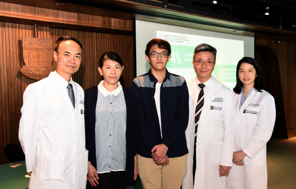 Patient Thomas Lo (middle) and his mother Mrs Lo (second from left) were invited to join Professor Ian Wong Chi-kei, Head of Department of Pharmacology and Pharmacy (far left), Dr Patrick Ip, Clinical Associate Professor of Department of Paediatrics and Adolescent Medicine (second from right) and Dr Esther Chan Wai-yin, Associate Professor of Department of Pharmacology and Pharmacy (far right) of The University of Hong Kong to share his positive experiences of ADHD medication treatment.