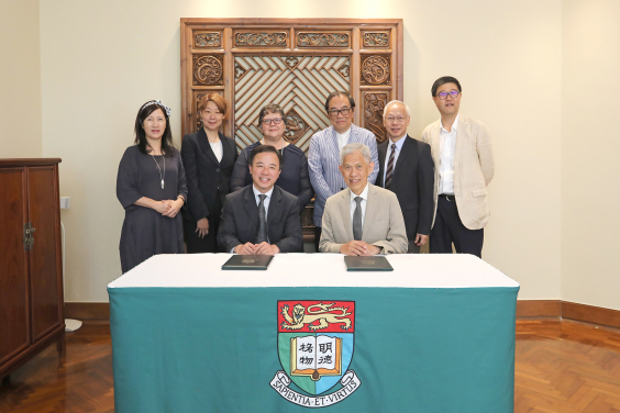 Mr Tin Hing Sin, Chairman of the Tin Ka Ping Foundation (front right), signs the donation agreement with HKU President and Vice-Chancellor Professor Xiang Zhang (front left).

Back row from left to right: Ms Bernadette Tsui Wing-Suen, HKU’s Associate Vice-President (Development & Alumni Affairs); Ms Peggy Cheung, Director of the Tin Ka Ping Foundation; Professor Lin Goodwin, HKU’s Dean of Education; Mr Tai Hey-Lap, Vice Chairman of the Tin Ka Ping Foundation; Mr Tin Wing Sin, Director of the Tin Ka Ping Foundation; and Mr David Day, Chief Executive of the Tin Ka Ping Foundation.