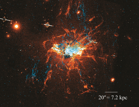 藍點標示較年輕的球狀星團（年齡可達10億年）。 這些球狀星團與（圖中顯示為橙白色的）細絲網狀結構的冷氣體緊密相關，該網狀氣體延伸到英仙座星系團中心的巨型星系的外圍。 同樣以橙白色顯示的圓形或橢圓形物體是較小的星系，並屬於同一星系團。
