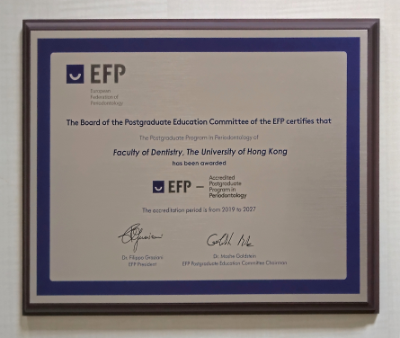 港大牙醫學院牙周病學碩士課程獲「歐洲牙周病學聯盟」(EFP) 認可，為首間在歐洲以外獲EFP 認證的大學。