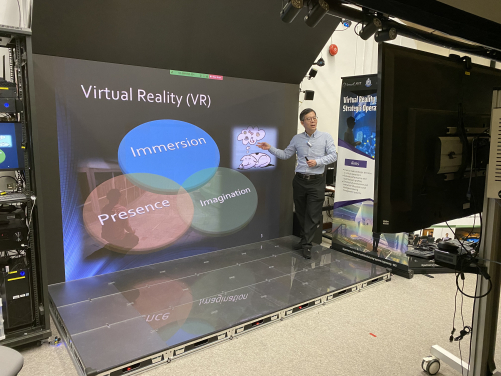 A 3D LED presentation setup based on the imseCAVE VR technology for online teaching and learning in real-time with students.