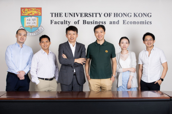 Professor Hongbin Cai (third left), the Dean of HKU Business School and Professor Chen Lin (third right), the Associate Dean of HKU Business School, shared the joy with some research team members, including Dr Luo Ye (first left), Assistant Professor in Finance, Professor Dragon Tang (second left), Professor in Finance and Area Head, Dr. MingZhu Tai (second right), Assistant Professor in Finance and Dr. Alan Kwan (first right), Assistant Professor in Finance.
