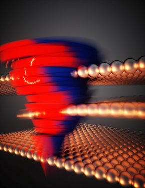Information is stored by changing the relative position of the metal layer (the gold ball in the figure) with the thickness of three atomic layers. The vortex and its color reveal the dynamic change of Berry curvature in band structure while layers’ gliding; the numbers 1 and 0 encoded in this stacking orders can be read by such quantum property (Source: Ella Maru Studios)
 