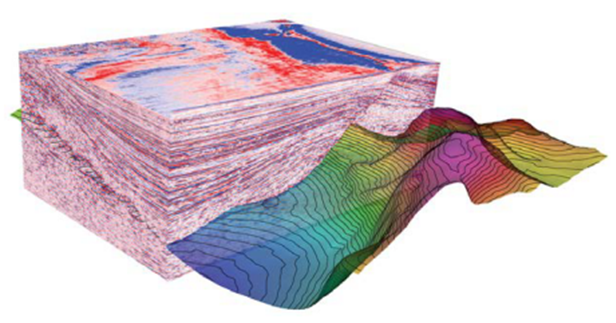An illustration of 3D seismic data analyzed via MOVE, permitting 3D modeling of the fault surface and deformed layers in an extensional basin.
 