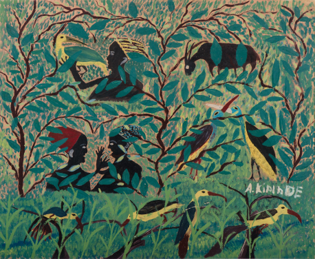 A. Kipinde
無題 (淑女、飛禽與羚羊)
紙本油彩
46 x 56.5 厘米
'A KIPINDE' 署名
約 1950 年
Pierre Loos 藏品
圖片來源：Michael De Plaen