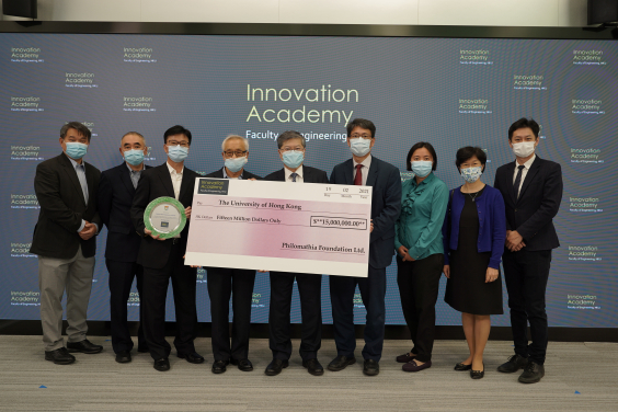 A cheque presentation ceremony was held at Tam Wing Fan Innovation Wing, attendees include: representatives of Philomathia Foundation Limited Mr Leslie Chung (fourth from left), Mr Erik Chan (third from left), Mr Danny Chan (first from left) and Mr Timothy Lau (second from left), Dean of HKU Engineering Professor Christopher Chao (fourth from right), Head of Innovation Academy Professor Norman C. Tien (fifth from right), Associate Head of Innovation Academy Dr May Chui (third from right), Director of Tam Wing Fan Innovation Wing Dr C.K. Chui (first from right) and Faculty Secretary Mrs Wendy Ma (second from right).
 