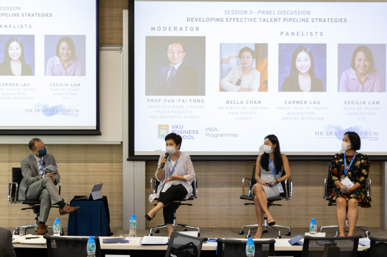 HKU Business School MBA Career Development and Training team organised an HR Leaders Forum and invited over 20 prominent speakers to share their insights today. Prof. Yuk-fai Fong, Associate Dean (Taught Postgraduate), HKU Business School (First Left) moderated one of the panel discussion sessions in the event.