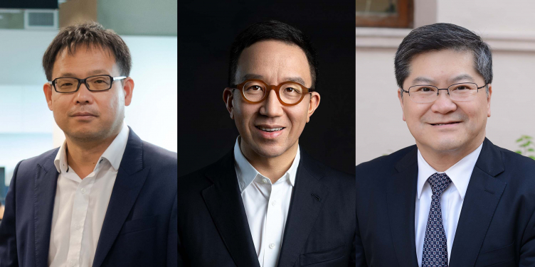 領導三個港大 Air@InnoHK 研發實驗室的頂尖學者。（左起）陳冠華教授、梁卓偉教授，以及田之楠教授