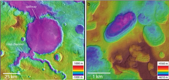 Figure 1: An example of a large, impact crater-hosted lake on Mars (a) and a small, permafrost-hosted lake on Mars. Both images show elevation data from the MOLA (Mars Orbiter Laser Altimeter)  and HRSC（High Resolution Stereo Camera)   instruments draped onto images from THEMIS (a) and CTX (b). (Credit: ESA/JPL/NASA/ASU/MSSS)
 