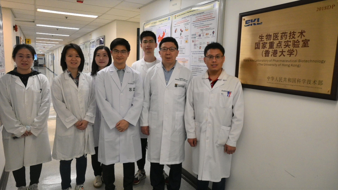 A research team from HKUMed develops a nanoparticle-based targeted drug delivery system for treatment of obesity and atherosclerosis. The research team members include: (from left) Dr Zhang Yaming, Dr Cheong Lai-yee, Wang Qin, Dr Wang Weiping, Dr Jin Leigang, Professor Xu Aimin and Dr Chen Kang.
 