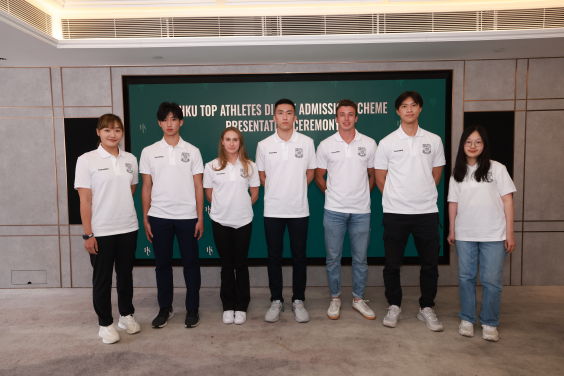 (From left) Tse Ying Suet (badminton), Lin Mingfu (long jump), Charlotte Emily Hall (triathlete), Lam Siu Hang (table tennis), Liam Martin Doherty (rugby), Ho Sze Long (fencing)  and Wong Yue Ching (para table tennis)