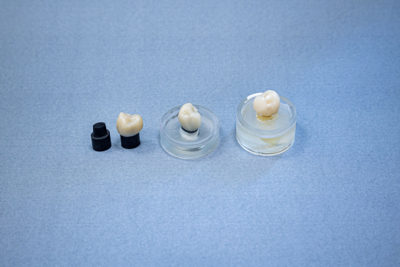 黏結在新材料上與黏結在離體牙上的陶瓷牙冠（照片最右邊）比較