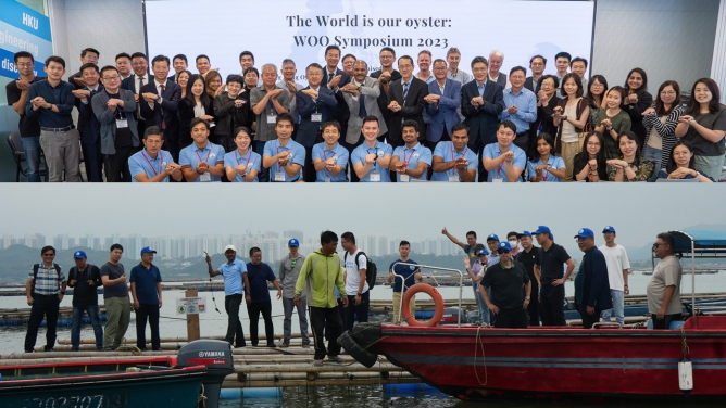 上圖：「The World is our oyster」研討會參與者雙手模仿牡蠣殼合影。
下圖：WOO-2023的參與者站在流浮山港大蠔筏上討論健康蠔養殖的議題。
 