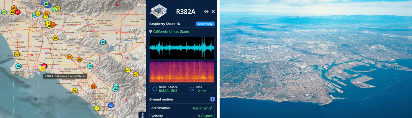 Left: Map of Los Angeles Basin. A live seismometer R382A in Long Beach is recording earth’s background vibrations, the panel shows a 10-minute noise. (Image credit: Raspberry Shake)
Right: Aerial view of Long Beach Harbor and San Pedro, California. (Image credit: freeimages)
