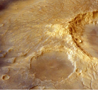 
	圖二.彩色影像數據與地形相結合，展示了火星Eridania區域一座大型複式火山的三維視圖。圖片來源：NASA/ESA/HRSC。

