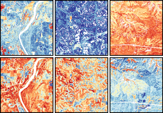 High-resolution satellite images that captured multispectral data recorded the reflections of light from plant leaves. These data are not only of great research importance, providing valuable insights into the physical and biochemical properties of vegetation, but also showcase stunning patterns. Images adapted from Remote Sensing of Environment, 2024, doi.org/10.1016/j.rse.2024.114082.