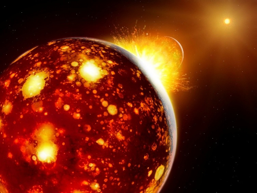 An artist's impression of the Earth-Theia impact, with the Sun in the background, illustrating the idea that Theia originated close to the Sun. Image credit: MPS / Mark A. Garlick.