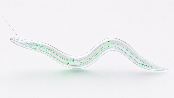 Image 1. Artistic illustration of the gentle touch response in C. elegans. A fine hair-like probe activates touch receptor neurons involved in the animal's escape reflex.