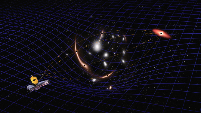 Artist's illustration showing JWST, aided by gravitational-lensing, enabled the team to measure the mass of an inactive black hole in the early Universe. Image credit: Navid Marvi/Carnegie Science
 