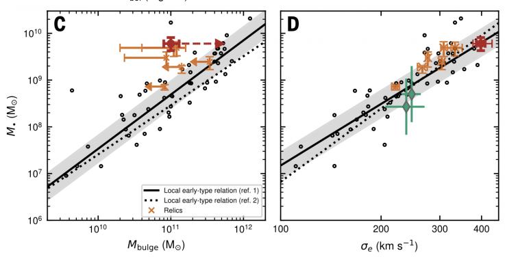 In the relation between black hole mass and stellar velocity dispersion, MRG-M0138 appears similar to nearby galaxies. However, when compared with bulge mass, its black hole appears unusually overmassive, about 12 times more massive than expected from the local black hole-bulge mass relation. Image adapted from Newman et al., Science 392, 1065–1068 (2026).