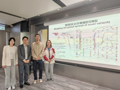 HKUMed study proposes targeted genomic surveillance strategy at key aviation hubs to detect viral variants faster. The research was led by Professor Leo Poon Lit-man (second left) and Dr Gu Haogao (second right).
 
