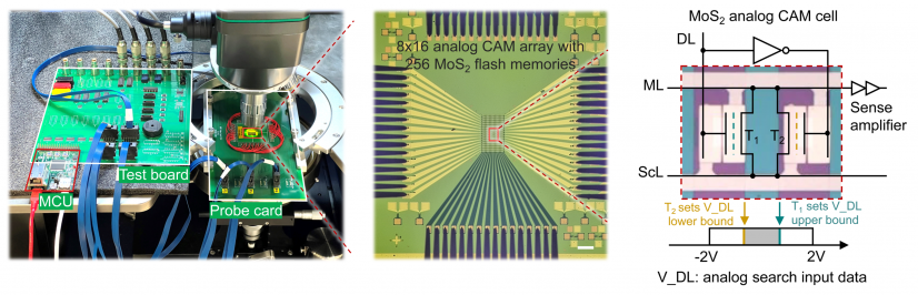The image shows the analogue content-addressable memory (CAM) array chip built with atomically thin two-dimensional MoS2 flash memories. By using semimetal antimony (Sb) contacts, the devices achieve ultra-fast, highly energy-efficient in-memory search operations.