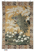  刺繡孔雀櫻花牡丹紋掛幅 畫師三木，繡師住山 日本，約一九零零年